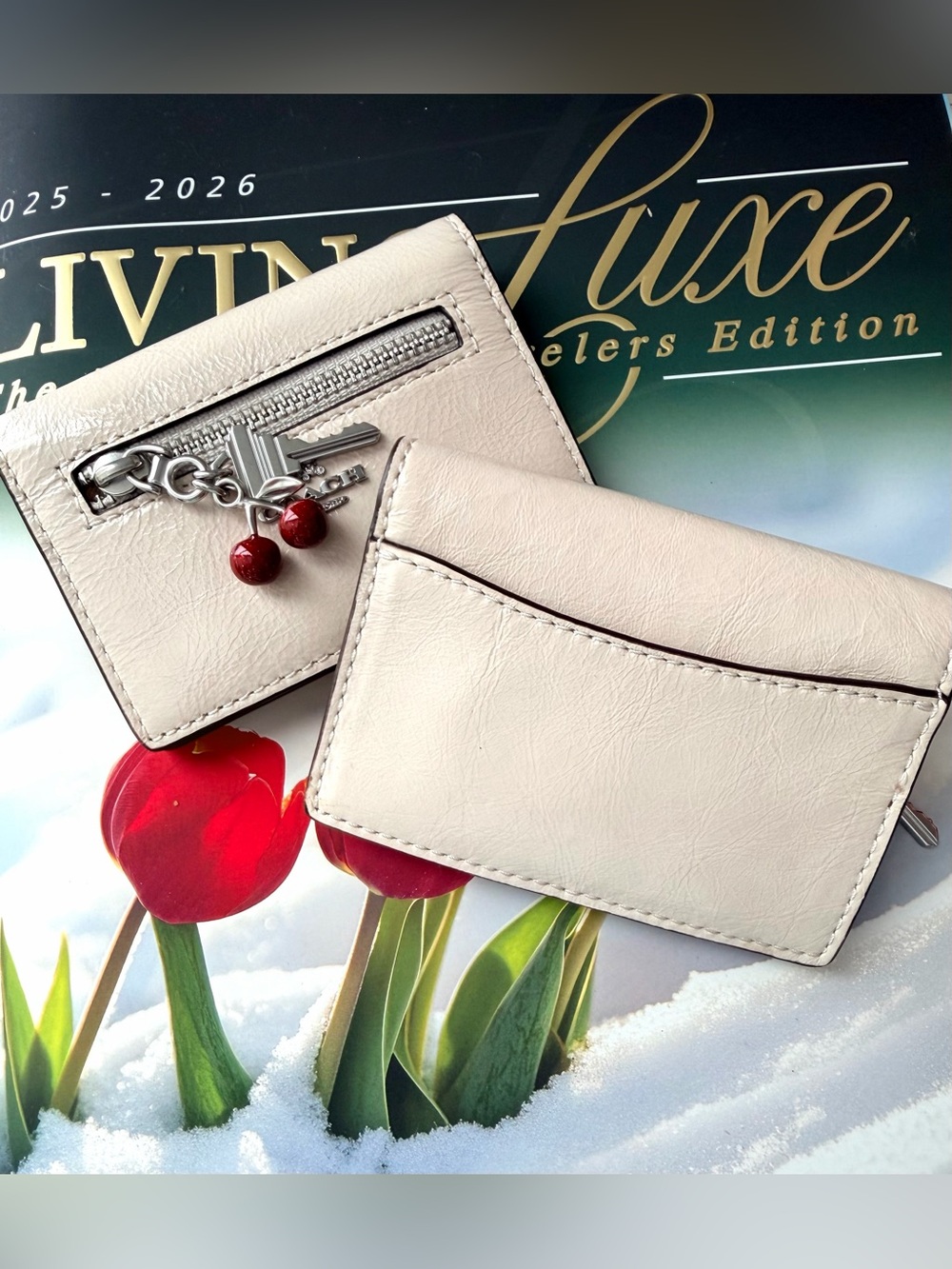 Coach Chalk Color Leather Card Case with Red Cherry and Key Charm